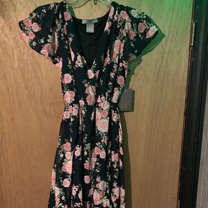 Chic Black and Pink Floral High Low Dress